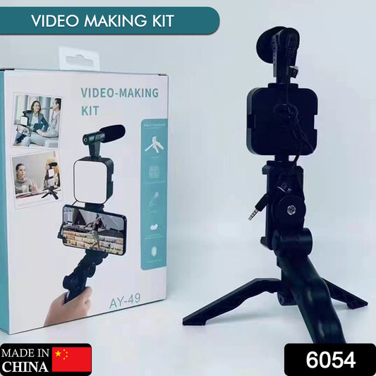 6054 Vlogging Kit For Video Making With Mic Mini Tripod Stand Led Light  Phone Holder Clip For Making Videos