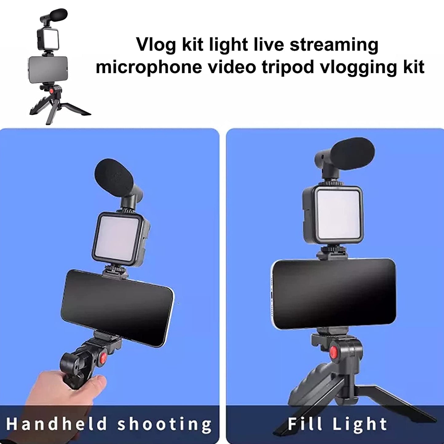 6054 Vlogging Kit For Video Making With Mic Mini Tripod Stand Led Light  Phone Holder Clip For Making Videos